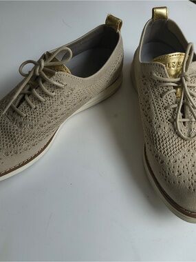 Cole Haan Beige Knit Lace-Up Oxfords with Gold Accent